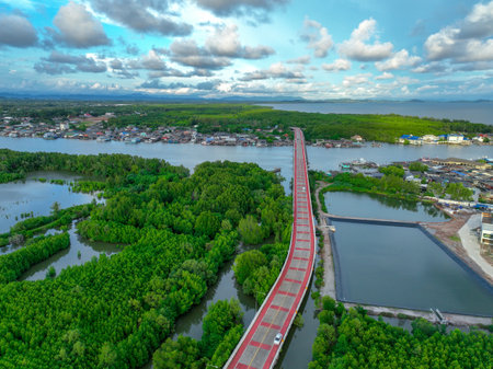 Aerial view landscape of fishing community along river, nestled within lush green mangrove forest of Pak Nam Prasae estuary in Rayong, Thailand. Ecotourism and sustainable travel. Net zero tourism.の写真素材