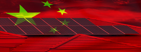 Solar panel crisis in China. Issues like overcapacity, price wars, and trade disputes. The focus is on polysilicon supply chain disruptions and the impact of government policies on the industry.の写真素材