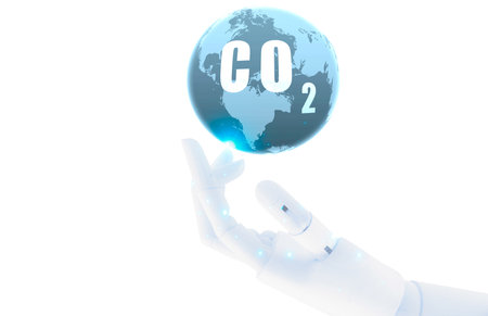 Robotic hand captures CO2 on global scale. Advanced carbon capture and storage technology. Reducing greenhouse gases. Climate change and environmental sustainability issues. CO2 capture innovation.の写真素材