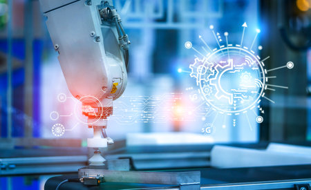 AI-powered robotic hand controls manufacturing processes in factory. Advanced automation and intelligent machine driven by 5G technology for efficient production. Robotic arm powered by AI is at workの写真素材