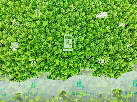 H2 fuel storage tank. Green hydrogen concept, sustainable renewable energy with net zero emissions 2050. Solar panels and wind turbines generating electricity for hydrogen production. Hydrogen economyの写真素材