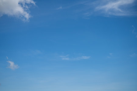 Beautiful blue sky and white cumulus clouds abstract background. Cloudscape background. Blue sky and fluffy white clouds on sunny days. Blue sky and daylight. World Ozone Day. Ozone layer. Summer sky.の写真素材