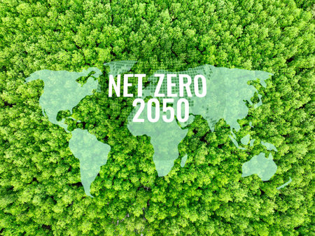 Net Zero target for 2050. Business strategy for reducing greenhouse gas emissions. Climate neutrality. Sustainable future. Green business roadmap to 2050. Corporate commitment to net zero emissions.の写真素材
