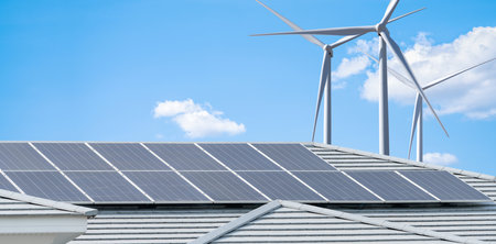Solar panels on residential rooftop and wind turbine generating clean electricity for urban homes. Sustainable electricity for eco-friendly urban development. Sustainable city. Reduce carbon emissionsの写真素材