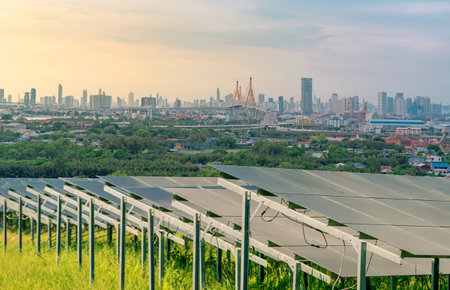 Sustainable city with green energy and net zero emissions. Solar power. Renewable resources. Eco-friendly urban planning and environmental conservation. Carbon neutrality. Eco-conscious infrastructureの写真素材