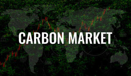 Carbon market concept. Global carbon market trends. Carbon credit exchange. Carbon offset trading. Sustainable investment strategy for corporate environmental compliance. Sustainability market.の写真素材
