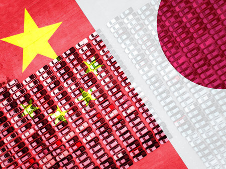 Japan-China economic relations. Business trade and political tensions. Chinese electric vehicle investments in Japanese market. Zero China policy shift. Asia-Pacific trade war and economic conflict.の写真素材
