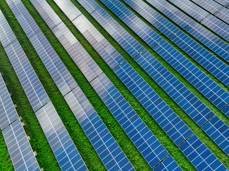 Aerial view of solar farm. Sustainable renewable energy and modern photovoltaic technology for...
