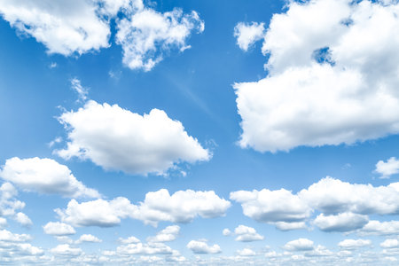 Beautiful blue sky and white cumulus clouds abstract background. Cloudscape background. Blue sky and fluffy white clouds on sunny days. Blue sky and daylight. World Ozone Day. Ozone layer. Summer sky.の写真素材