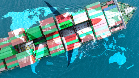 Cargo and shipping logistics business. Container ship navigating through maritime routes and air...