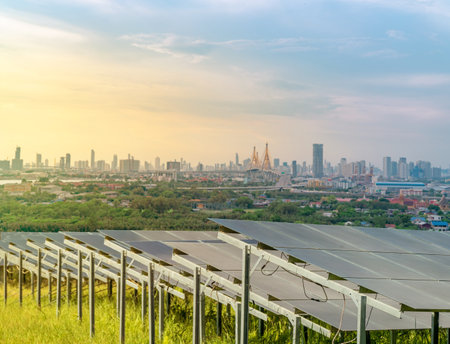 Sustainable city with green energy and net zero emissions. Solar power. Renewable resources. Eco-friendly urban planning and environmental conservation. Carbon neutrality. Eco-conscious infrastructureの写真素材