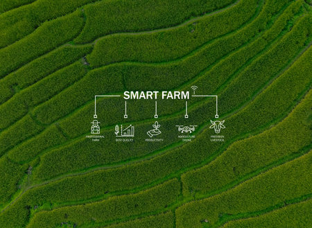 Smart farm technology meets agricultural expertise. Precision livestock management and agriculture drones enhance productivity. Modern farming practices. Innovation in sustainable agriculture.の写真素材