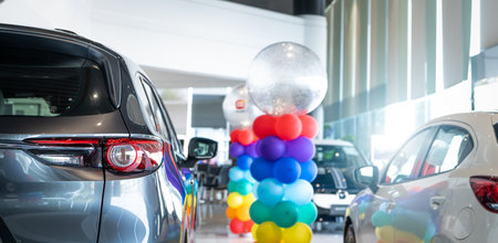 Car parked in luxury showroom. Car dealership office. Car showroom business. New car parked in modern showroom. Auto for sale and rent business. Automobile leasing and insurance. Electric automobile.の写真素材