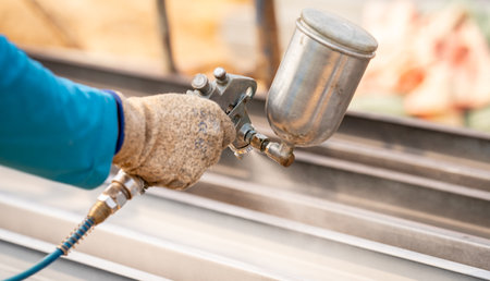 Construction worker painting metal structure surface coating with a spray gun at construction site....