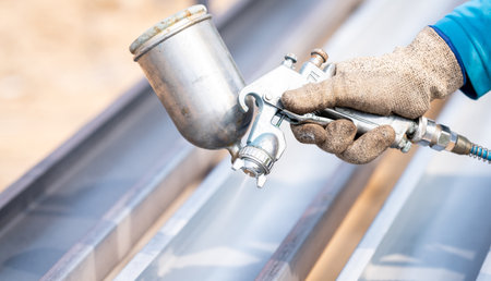 Construction worker painting metal structure surface coating with a spray gun at construction site. Metal corrosion and rust protection. Industrial precision. Protective coating to a metal structure.の写真素材
