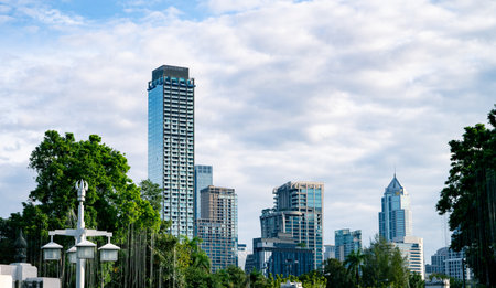 City skyline with modern skyscrapers glass building and greenery. Sustainable urban development....