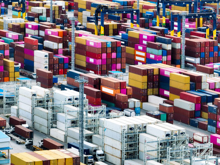 Logistics and transportation of container cargo ship at ship port. Container truck and crane bridge...