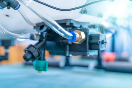 Close-up of a solenoid valve and chemical sprayer nozzle. High-tech agricultural drone, used for...