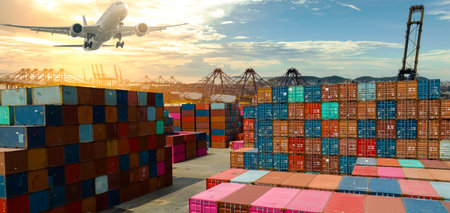 Airplane flying above container logistic. Freight transportation. Logistic industry. Container ship. Export logistics. Container at harbor. Truck transport. Air transport. Multi-modal transportation.の写真素材
