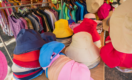 Colorful traditional hats display at rural Thai street market where local vendors sell handmade headwear to tourists during sunny day creating vibrant shopping experience in countryside Thailandの写真素材