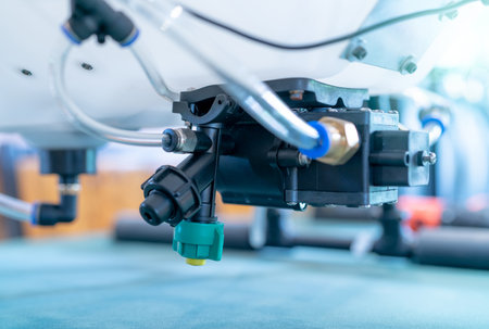 Close-up of a solenoid valve and chemical sprayer nozzle. High-tech agricultural drone, used for precision pesticide and fertilizer spraying in modern smart farming. Automated agriculture systems.の写真素材