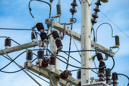 Close-up view of high voltage electrical transmission equipment on concrete utility pole with insulators and cables under blue sky showcasing modern energy infrastructure in wind farm installationの写真素材