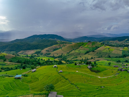 Lush green terraced rice fields in the northern mountains of Thailand captured from above on a cloudy day, showing rural homestays, traditional agriculture, and sustainable eco tourism in Asia.の写真素材