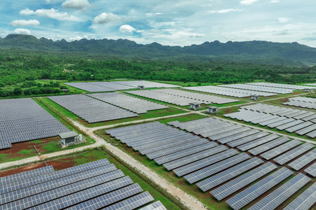 Aerial view of solar farm. Sustainable renewable energy and modern photovoltaic technology for eco-friendly electricity production. Solar power station. Green energy solutions. Solar panel technology.の写真素材