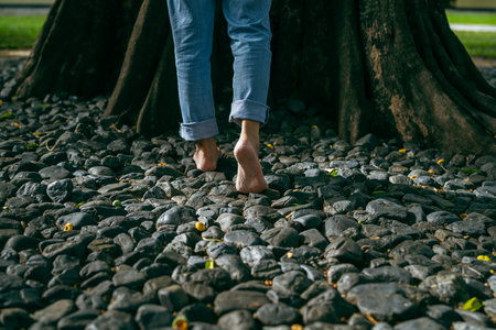 Close-up barefoot person stepping on pebble stone under old tree. Nature connection and natural...