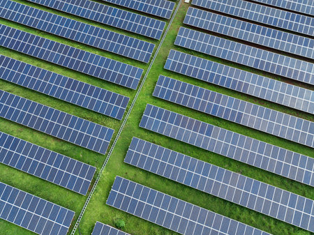 Aerial view solar farm. Solar power for green energy. Sustainable renewable energy. Photovoltaic...
