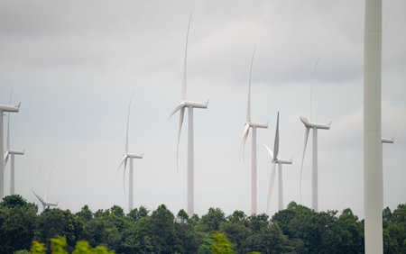 Wind energy. Wind power. Sustainable, renewable energy. Wind turbines generate electricity. Wind farm. Sustainable resources. Sustainable development. Green technology for energy sustainability.の写真素材