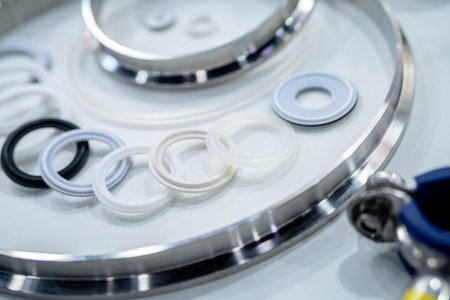 Industrial gasket and sealing rings arranged on stainless steel surface in manufacturing. Precision engineering, material quality, and components used for mechanical assembly and industrial systems.の写真素材