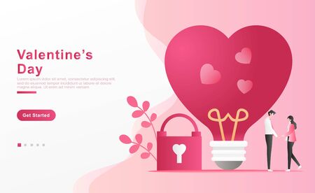 Vector illustration valentine. happy couple holding hands expressing love, the concept of heart shape lights with 3 signs of love, padlocks, plants. for banner landing page, app, frame. Flat cartoon のイラスト素材