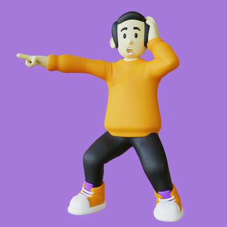 Stylized 3D Man Shocked and Pointing to Leftの写真素材