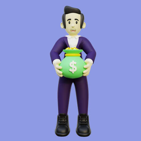 3D Businessman Character Holding Bag of Moneyの写真素材