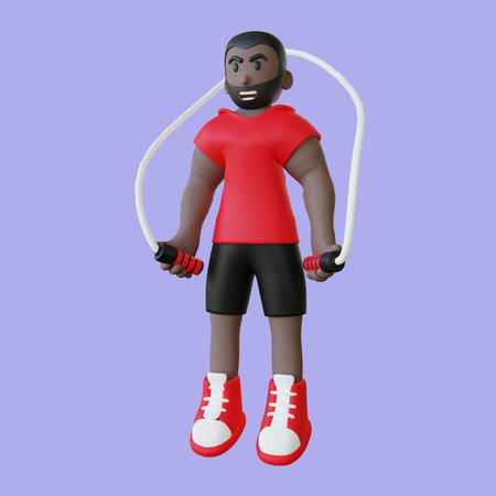 3d illustration of a guy on a red shirt doing skipping rope exercise.の写真素材
