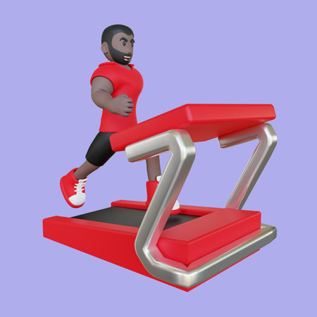 3d illustration of fitness guy running on treadmillの写真素材