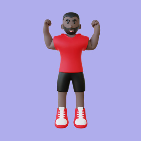 bodybuilder flexing muscle 3d illustration. strong guy doing pose on blue backgroundの写真素材