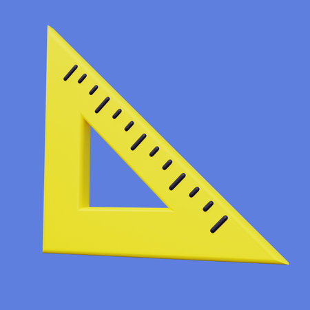 Stylized 3D Triangle Ruler Illustration. Ruler Stationery 3D Render on Blue Backgroundの写真素材