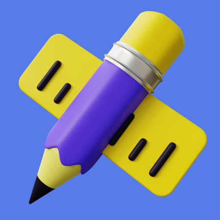 Stylized 3D Pencil and Ruler Illustration. Stationery or School Supply 3D Render on Blue Background