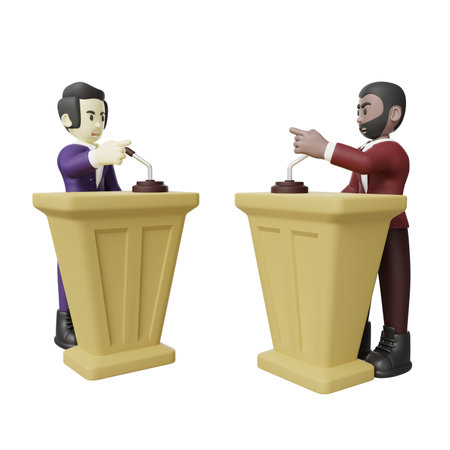 Politician debate 3d illustration. Angry man debate on a platform and pointing each other 3d renderの写真素材