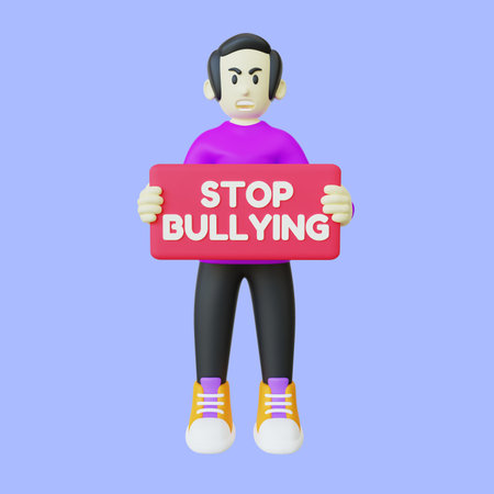 3d illustration of a man holding stop bullying banner. A man doing stop bullying campaign 3d renderの写真素材