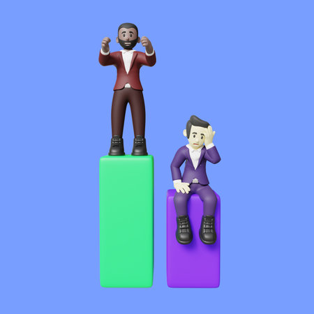 Happy businessman beat his competitor 3d illustration. 3d character of businessman with statistic barの写真素材