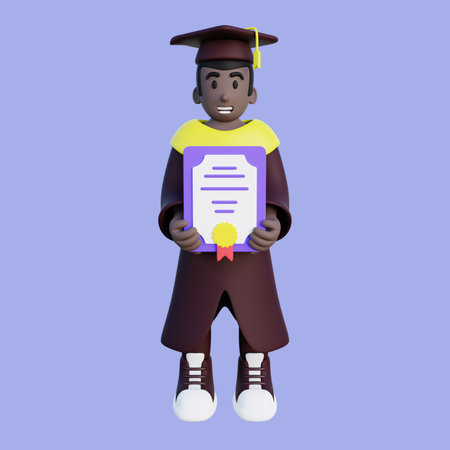 3d illustration of graduated student holding certificateの写真素材
