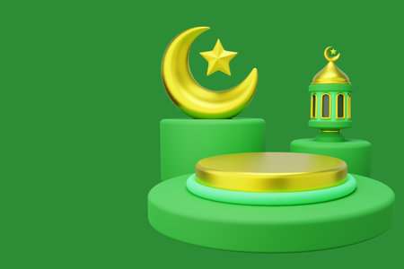 3D ramadan podium decorated with islamic lantern and crescentの写真素材
