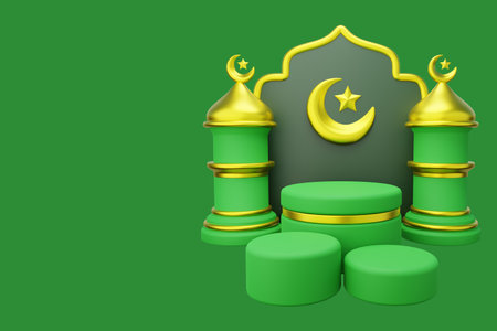 3D ramadan product podium decorated with islamic gateの写真素材
