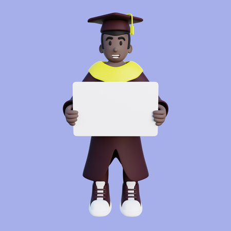 3d illustration of graduated student holding message bannerの写真素材