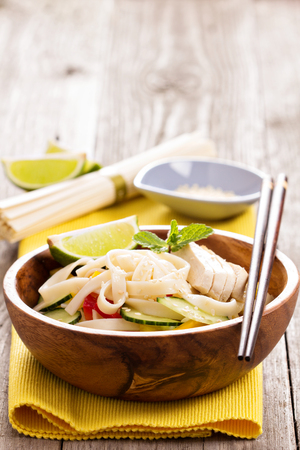 Udon noodles with vegetables and chicken in a bowlの写真素材