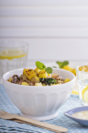 Quinoa with mushrooms, onions, spinach and pineappleの写真素材