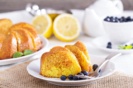 Lemon marble bundt cake served with blueberriesの写真素材